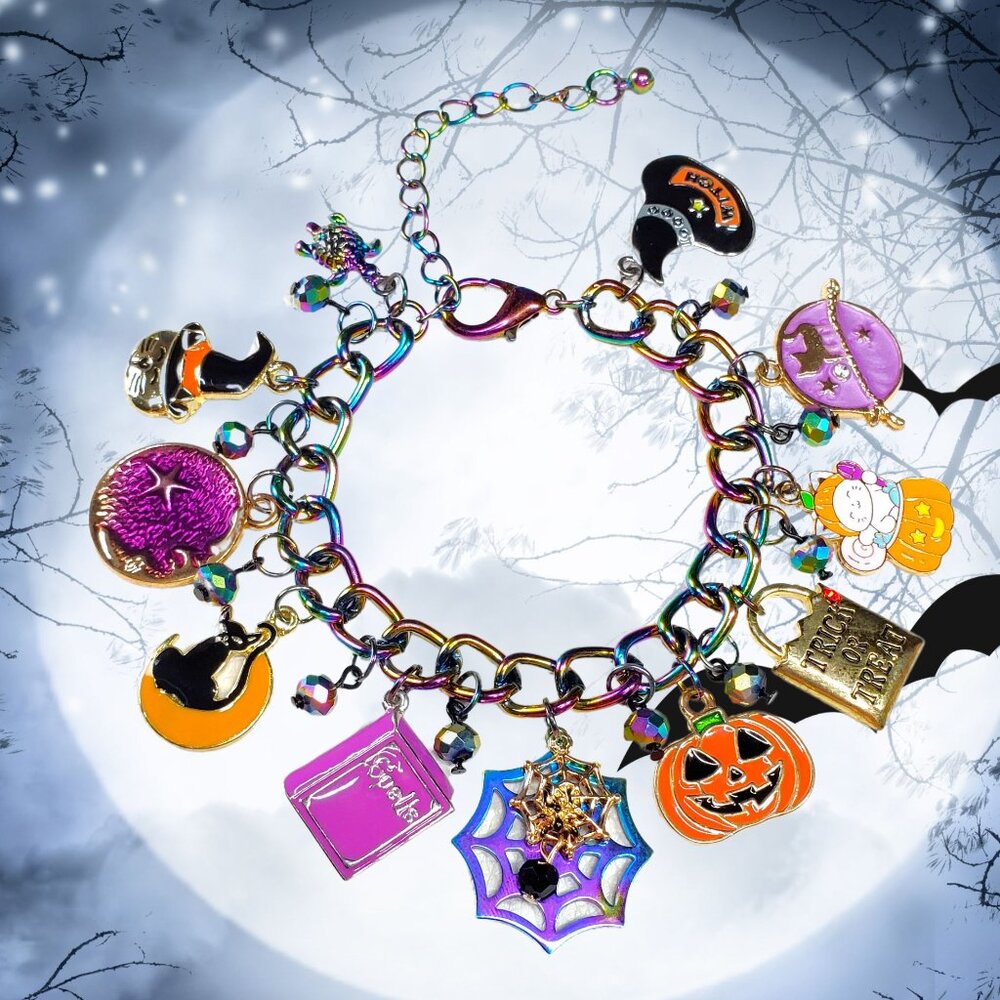 Halloween Charm Bracelet, Pumpkins, Ghost, Spider Webs, Cat, Spell Book